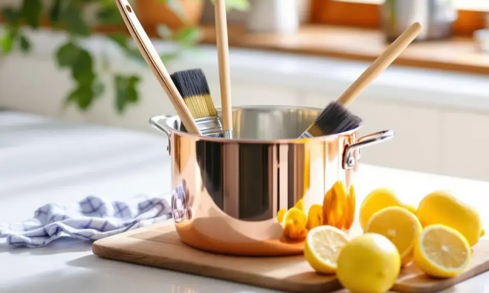 Ustensiles pour nettoyer le cuivre : une casserole en cuivre, des pinceaux et des citrons.