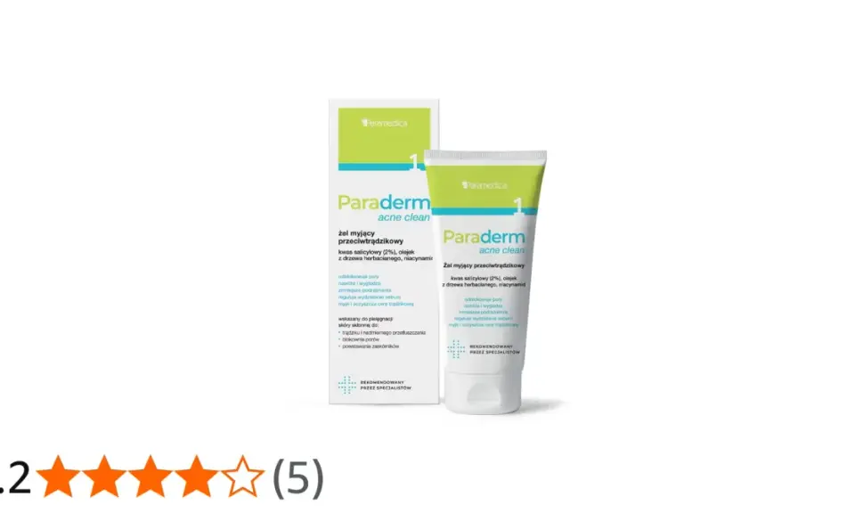 Żel myjący Paraderm acne clean z kwasem salicylowym, olejkiem z drzewa herbacianego i niacynamidem. Rekomendowany przez specjalistów.