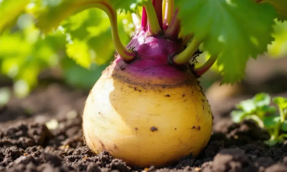 Gros plan sur un rutabaga jaune et violet poussant dans la terre. La culture du rutabaga est une tradition ancestrale.