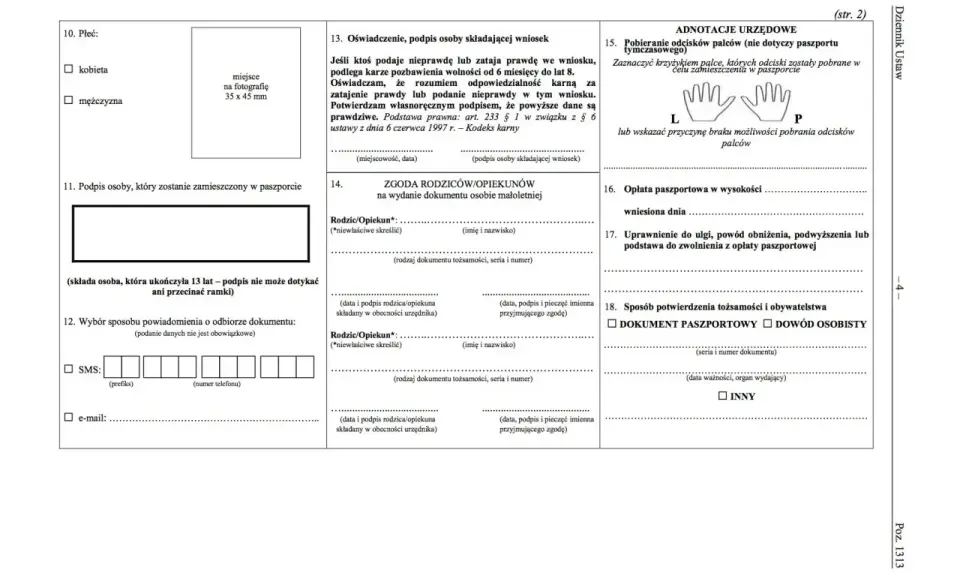 Formularz wniosku o paszport dla dziecka, z polami do wypełnienia danych osobowych, zgody rodziców i informacji urzędowych.
