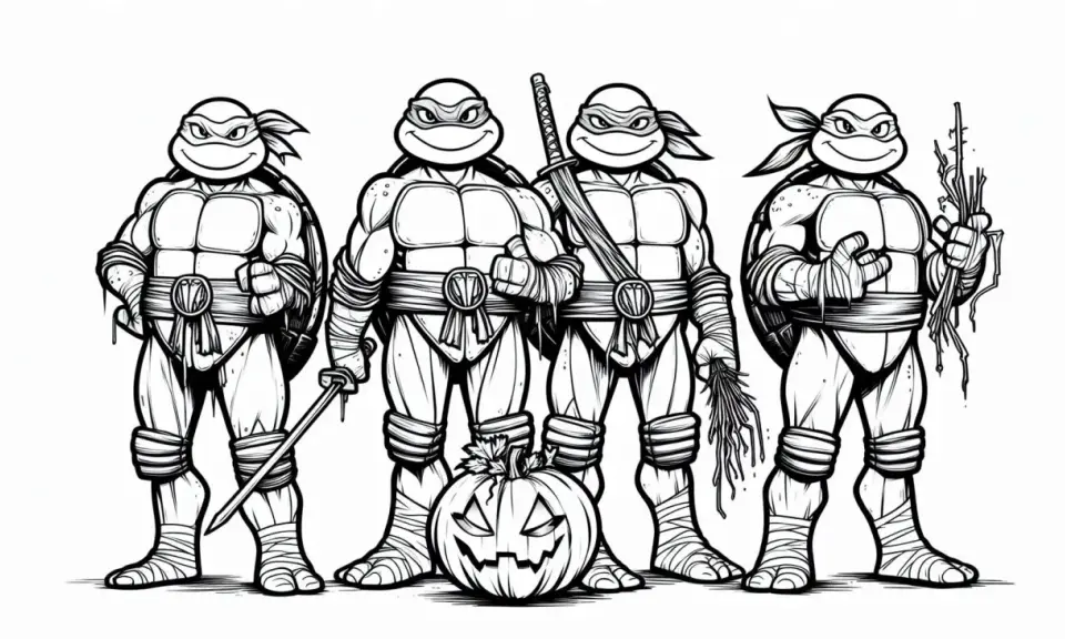 Cztery Żółwie Ninja gotowe do walki, z dynią na Halloween. Idealna żółwie ninja kolorowanka dla fanów!