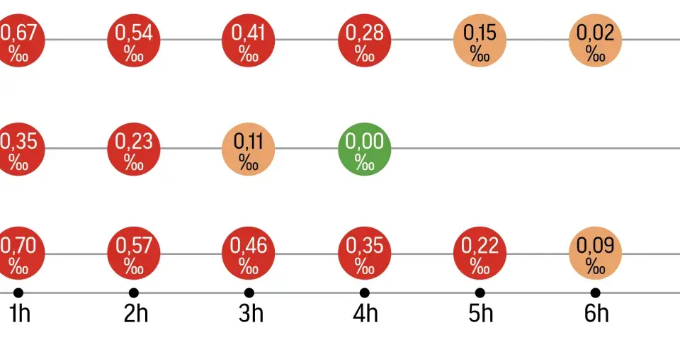 Wykres pokazuje czas trzeźwienia po alkoholu, ilustrując spadające stężenie promili we krwi w zależności od spożytego napoju i upływu czasu.