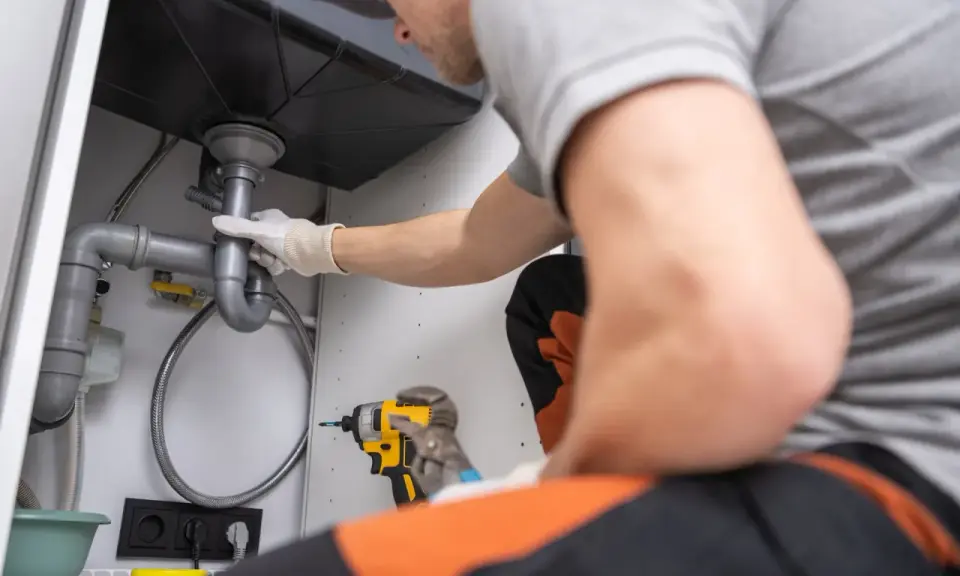 Plombier en action pour déboucher une canalisation sous un évier. Outils à portée de main pour résoudre le problème.