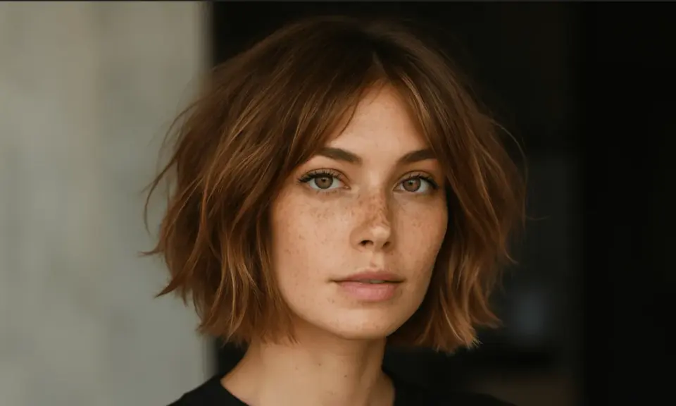 Mujer con pecas y un corte de pelo estilo italian bob, con ondas naturales y flequillo desordenado.