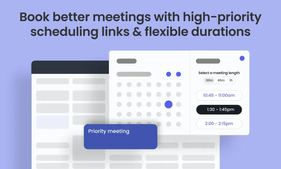 Interfaz de calendario para reservar reuniones. Permite seleccionar duración y hora, ayudando a **reclaim ai** tu tiempo.