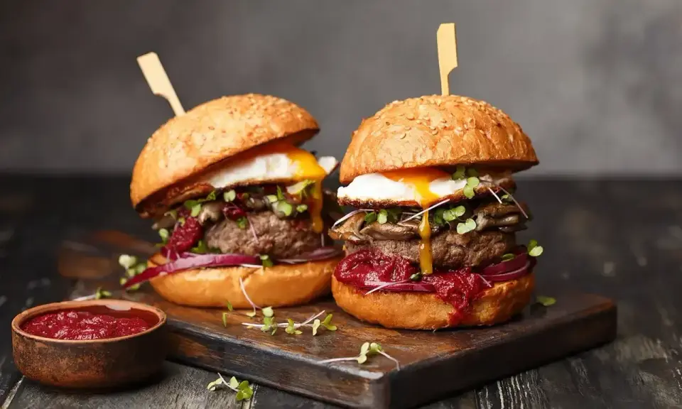 Dwa soczyste burgery z grilla, z jajkiem sadzonym i dodatkami, prezentują się apetycznie na desce.