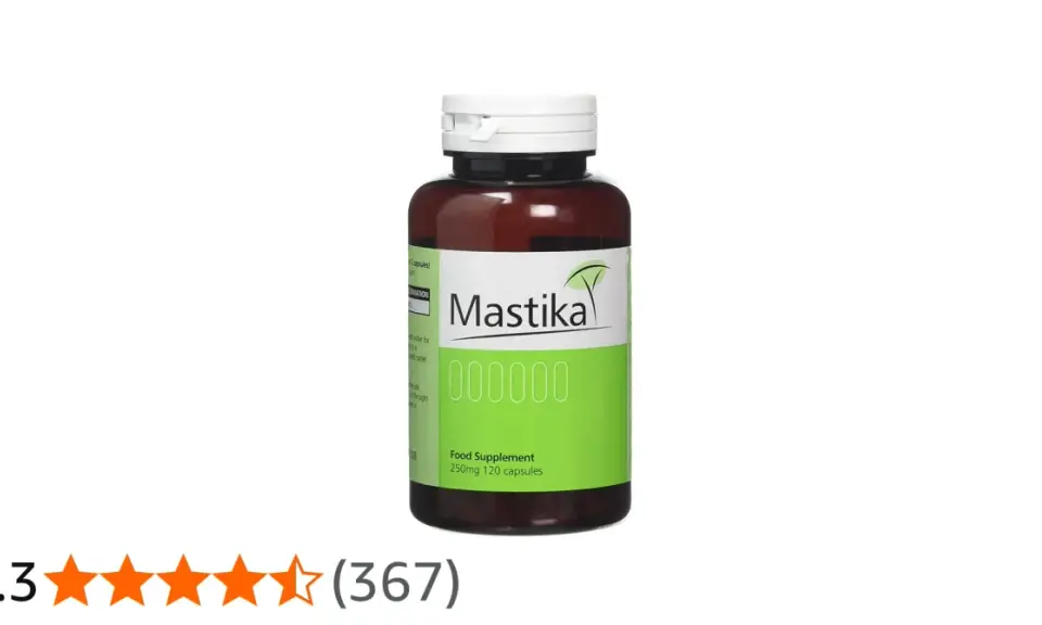 Butelka suplementu diety Mastika, 250mg 120 kapsułek. Mastika na co? Na problemy z żołądkiem.