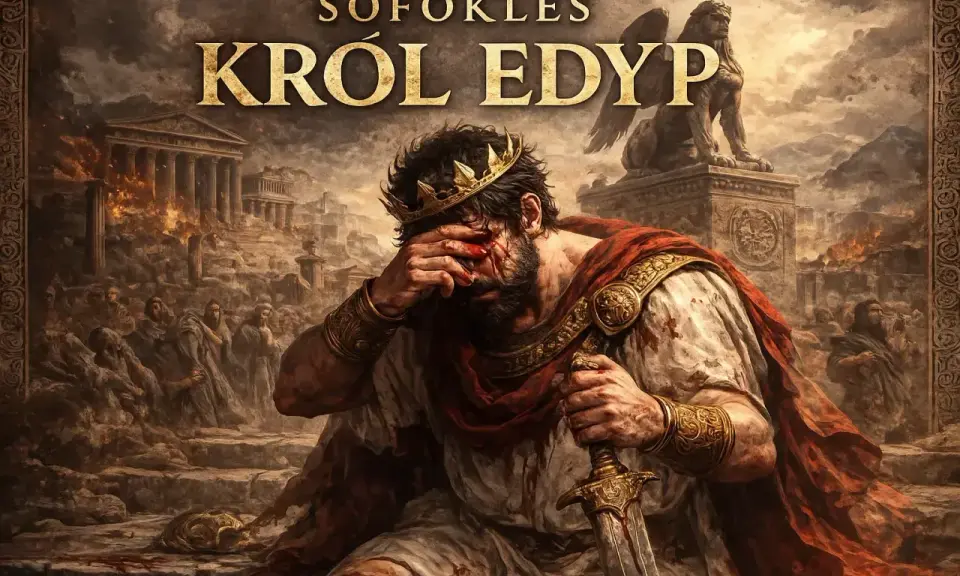 Król Edyp z koroną i mieczem, zakrywający oczy, na tle płonącego miasta i sfinksa.