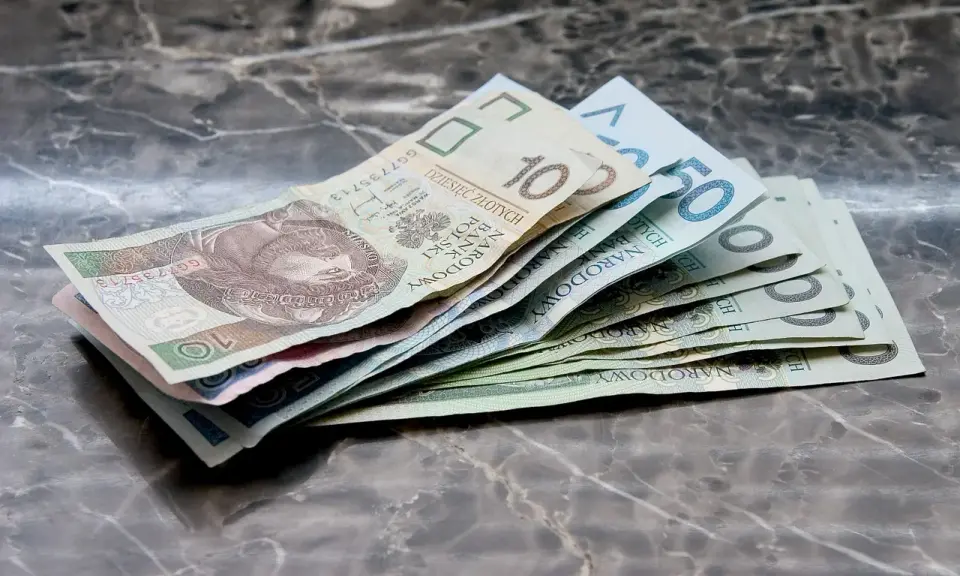 Zbiór polskich banknotów, od 10 do 50 zł, leżących na marmurowym blacie. Warto wiedzieć, jak odzyskać zaległe alimenty, gdy pieniądze są tak potrzebne.