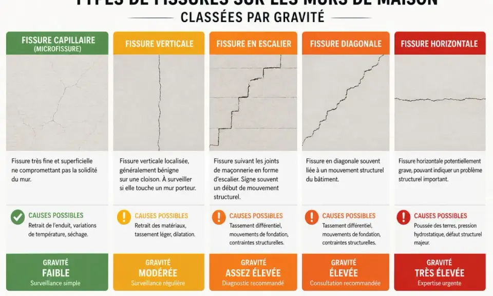 Guide des fissures maison : capillaires, verticales, en escalier, diagonales, horizontales. Chaque type de fissures est classé par gravité, de faible à très élevée.
