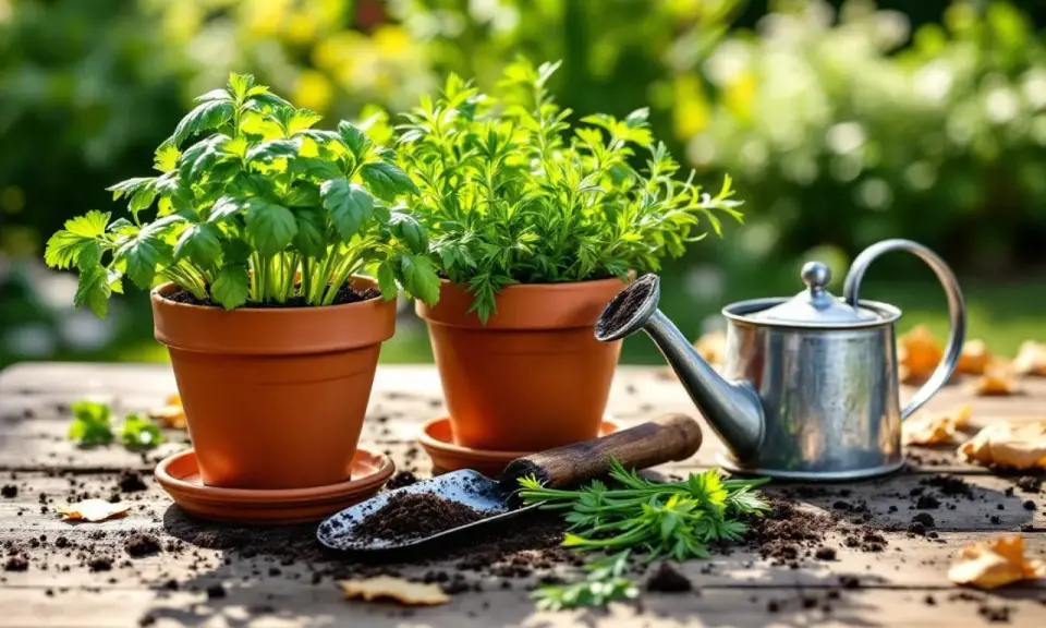 Deux pots de basilic sur une table en bois, avec une petite arrosoir et une pelle à terre.