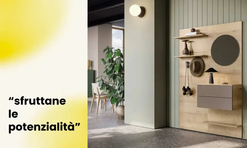 Soluzione moderna per arredare ingresso: pannello con mensole, specchio, cappello, binocolo e cassettiera.