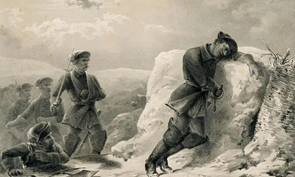 Soldater i snölandskap. En man vilar mot en sten, kanske en bild av hur dog Karl XII.