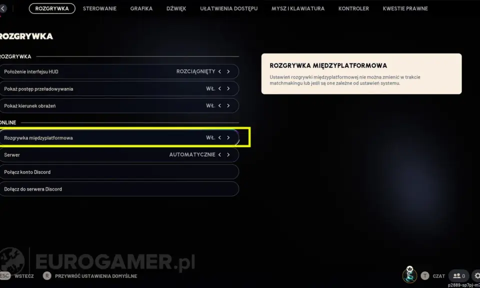 Ustawienia gry, opcja "Rozgrywka międzyplatformowa" włączona. Możliwość gry z graczami na innych platformach.