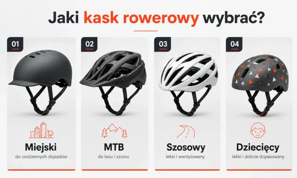 Jaki kask rowerowy wybrać? Cztery modele: miejski, MTB do lasu, szosowy lekki i wentylowany, oraz dziecięcy.