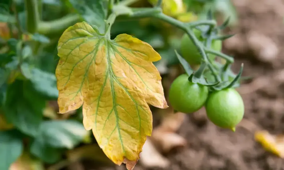 Une feuille tomate jaune, signe de détresse, contraste avec les jeunes tomates vertes sur la plante.