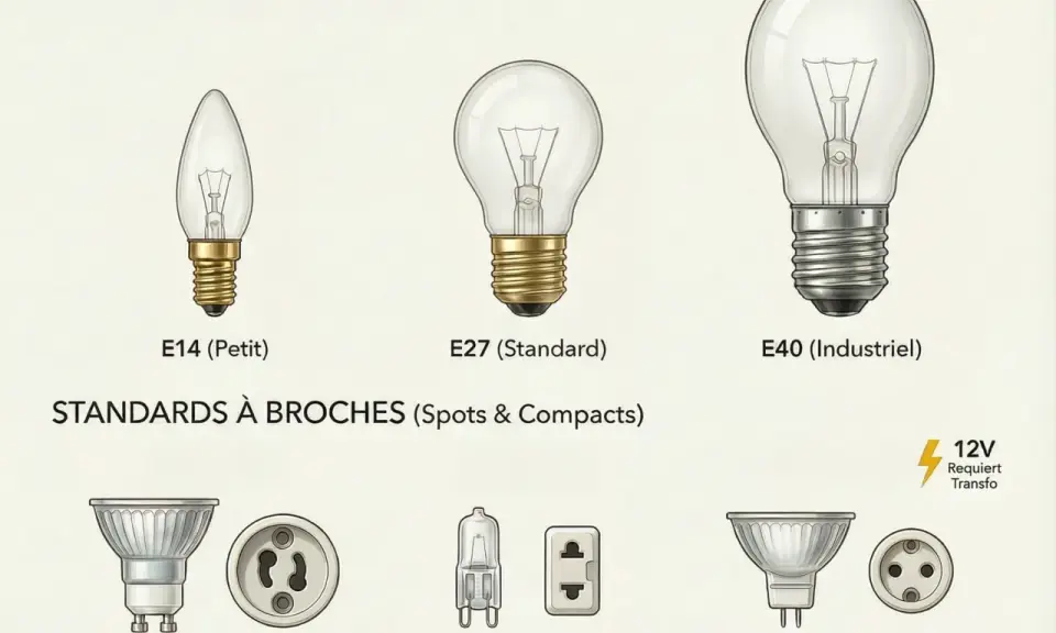 Différents types d'ampoules et leurs douilles : E14, E27, E40 à vis, et GU10, G9, GU5.3 à broches.
