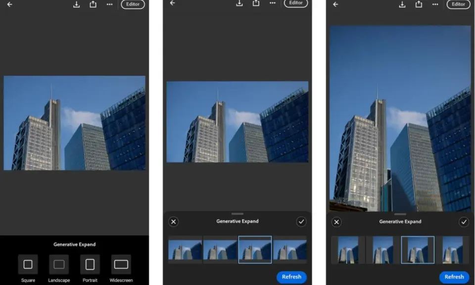 Edytor w **Lightroom web** pozwala na rozszerzenie zdjęcia budynków dzięki Generative Expand. Widzimy różne propozycje rozszerzenia kadru.