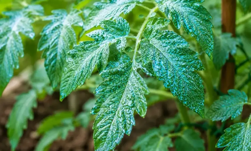 Feuilles de tomate couvertes de bouillie bordelaise, un traitement qui peut présenter un danger si mal utilisé.