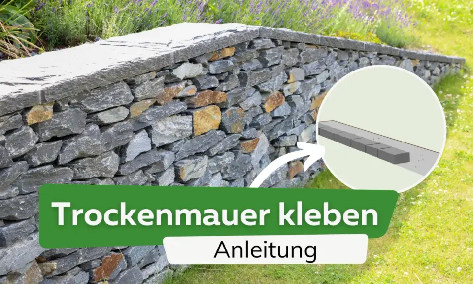 Anleitung zum Trockenmauer kleben: Eine detaillierte Darstellung zeigt, wie Mauersteine für eine stabile Trockenmauer verklebt werden.