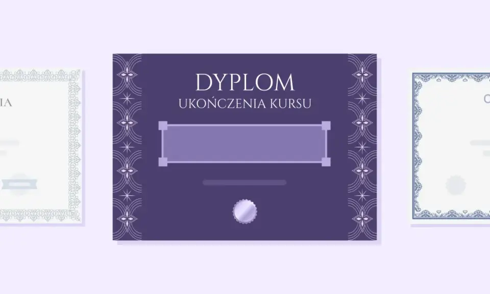 Trzy eleganckie dokumenty: dyplom ukończenia kursu, certyfikat uznania i dyplom uznania, ozdobione ornamentami.