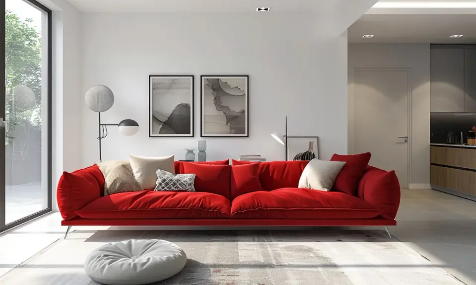 Un canapé rouge éclatant, orné de coussins aux tons neutres, invite à la détente. Une question se pose : quelle couleur associer avec un canapé rouge pour un intérieur harmonieux ?