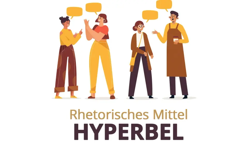 Vier Personen im Gespräch, die mit gelben Sprechblasen ihre Worte darstellen. Das Bild illustriert das rhetorische Stilmittel Hyperbel.