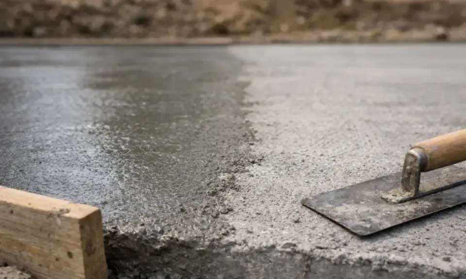 Świeżo wylany beton na budowie, z widoczną kielnią i drewnianym klockiem. Czas schnięcia cementu w ziemi zależy od wielu czynników.