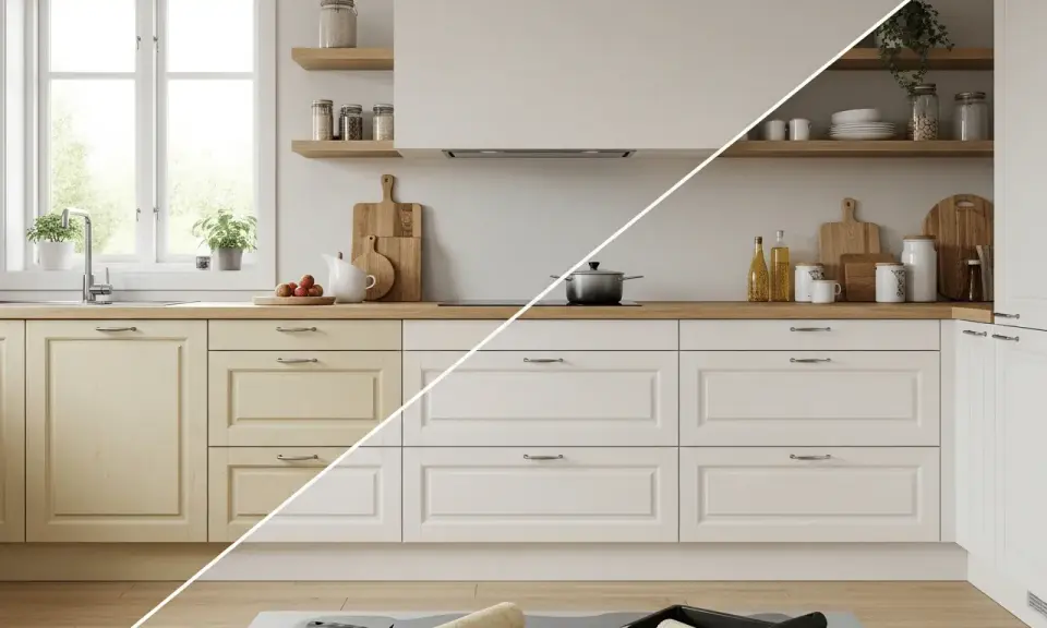 Cocina antes y después de lacar muebles. Gabinetes amarillos transformados a blanco, listos para renovar.