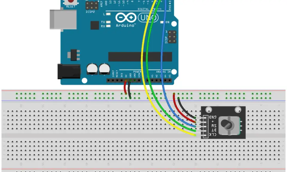 Schema di collegamento di un Arduino UNO a una breadboard con un encoder rotativo. Il **sketch Arduino** è in fase di realizzazione.