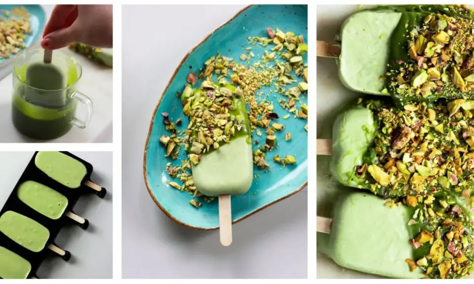 Pyszne lody na patyku w pistacjowej odsłonie, zanurzane w zielonej polewie i posypywane chrupiącymi orzechami.
