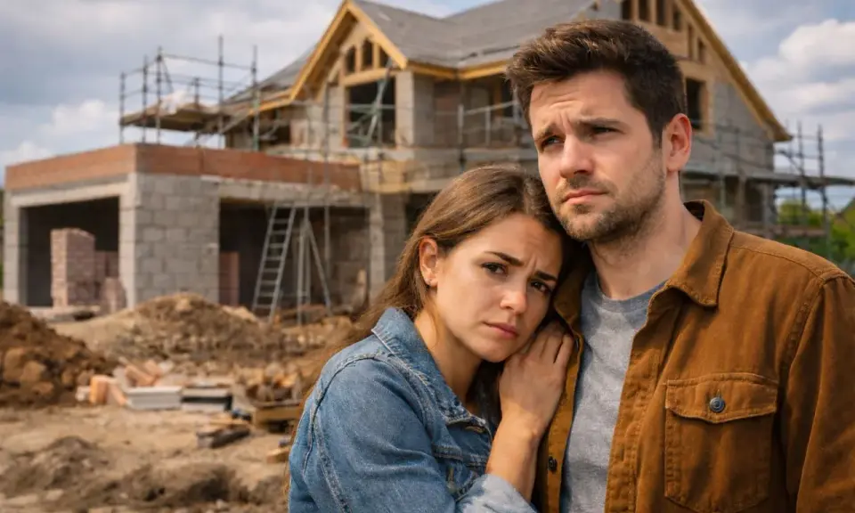 Un couple inquiet devant sa maison en construction dans les bois.
