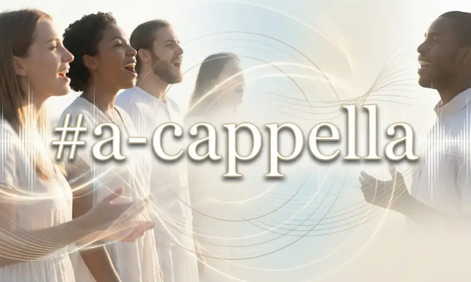 Grupa ludzi śpiewa w harmonii, tworząc piękny śpiew bez akompaniamentu. Słowa "#a-cappella" unoszą się w powietrzu.