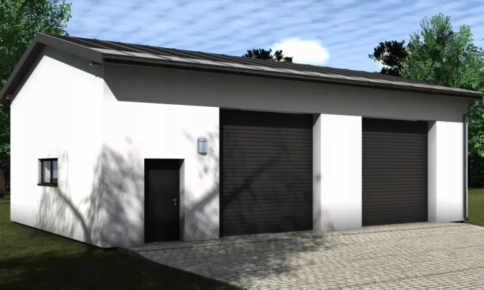Nowoczesny projekt garażu dwustanowiskowego z dwoma bramami segmentowymi, białymi ścianami i brukowanym podjazdem.