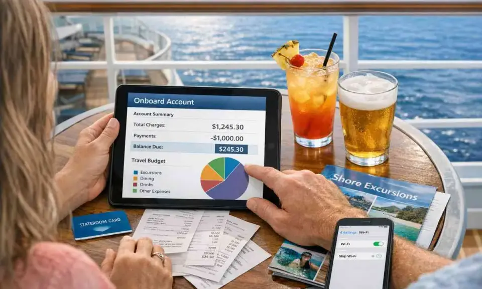 Coppia controlla il bilancio della loro crociera di una settimana su un tablet, con cocktail e birra sul tavolo.