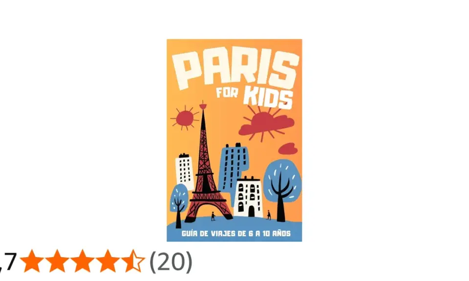 Guía "Paris for Kids" con la Torre Eiffel y edificios estilizados. Ideal para descubrir qué ver en París con niños.