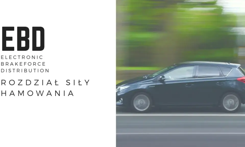 EBD - elektroniczny rozdział siły hamowania. Ciemny samochód w ruchu, zamazane tło.