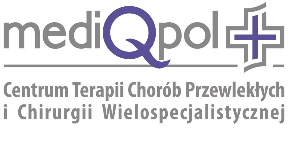 Logo "mediQpol" z symbolem krzyża i napisem "Centrum Terapii Chorób Przewlekłych i Chirurgii Wielo specja listycznej".