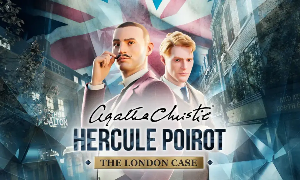 Herkules Poirot w Londynie, w tle brytyjska flaga i kamienice. Detektyw w tweedowej marynarce i z charakterystycznymi wąsami.