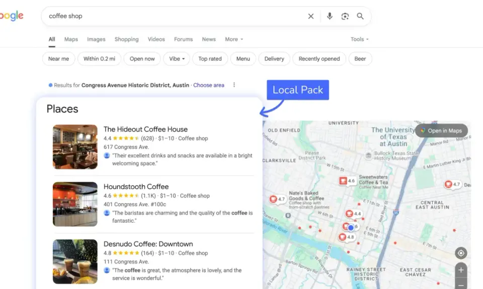 Wyniki wyszukiwania kawy w Austin, pokazujące lokalny pakiet z kawiarniami i mapą, kluczowe dla lokalnego SEO.