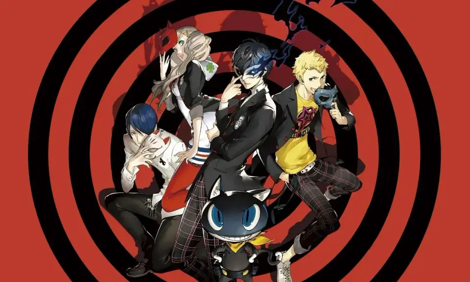 Postacie z gry Persona 5, która jest przykładem gatunku jrpg co to, pozują na tle czerwono-czarnych kręgów.