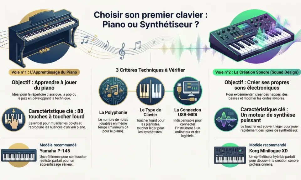 Comparaison entre un piano et un synthétiseur pour débutant, avec leurs caractéristiques et modèles recommandés.