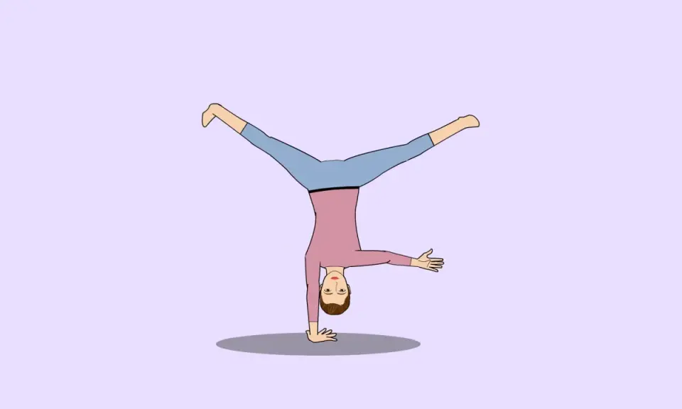 Ilustración de una persona haciendo una parada de manos con las piernas abiertas, como para enseñar como hacer volteretas niños.