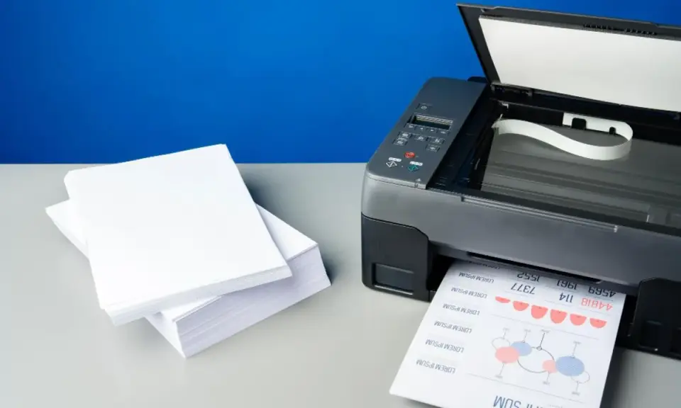 Stos białego papieru obok drukarki, która drukuje dokument. Różne rodzaje papieru czekają na użycie.