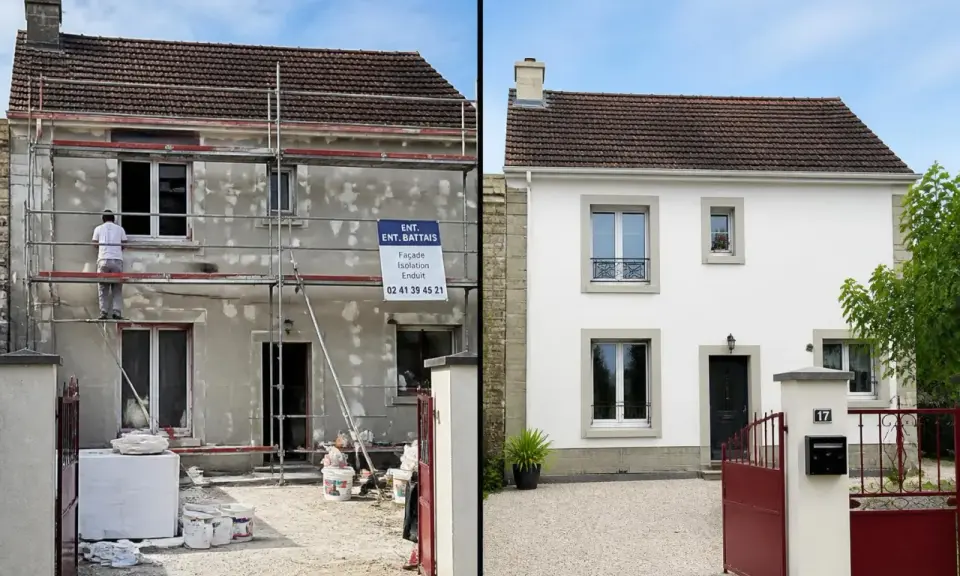 Avant/après : une maison en rénovation, échafaudages et matériaux, puis une façade blanche immaculée. Le cout rénovation maison est visible.