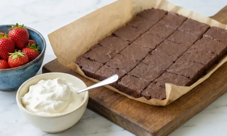 En kladdkaka i långpanna, uppskuren i rutor, serveras med vispad grädde och färska jordgubbar. Perfekt för fikat!