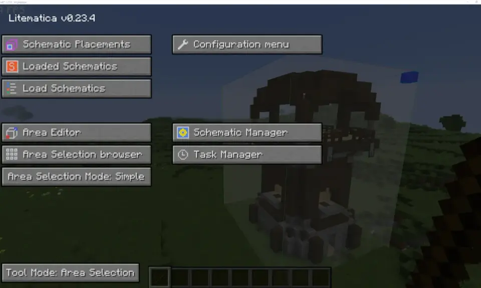 Menu Litematica w Minecraft, pokazujące opcje jak zainstalować mody do Minecrafta, np. Schematic Placements.