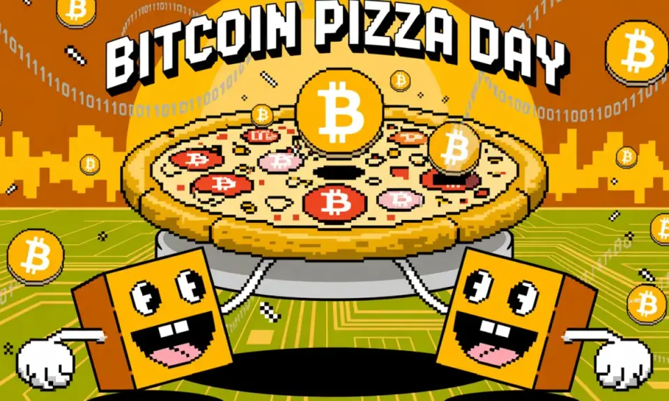 Dwie postacie w kształcie pudełka z uśmiechem świętują Dzień Pizzy Bitcoin. Na pizzy widnieją symbole Bitcoin, nawiązując do historii Laszlo Hanyecz.