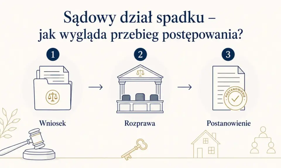 Schemat postępowania spadkowego: wniosek, rozprawa, postanowienie. Ilustracja przedstawia etapy sądowego działu spadku.