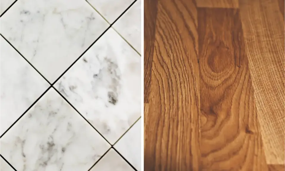 Comparación de un suelo laminado de madera con un suelo de mármol.